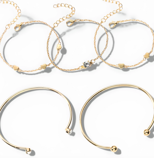 5-Piece Gold Heart Charm Bracelet Stack
